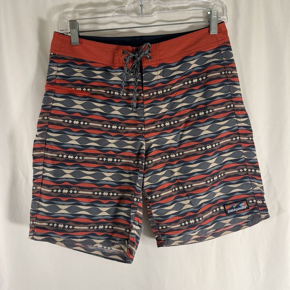 Patagonia Swim Trunks Men's 28 Blue Orange Aztec Striped Drawstring 8" Inseam